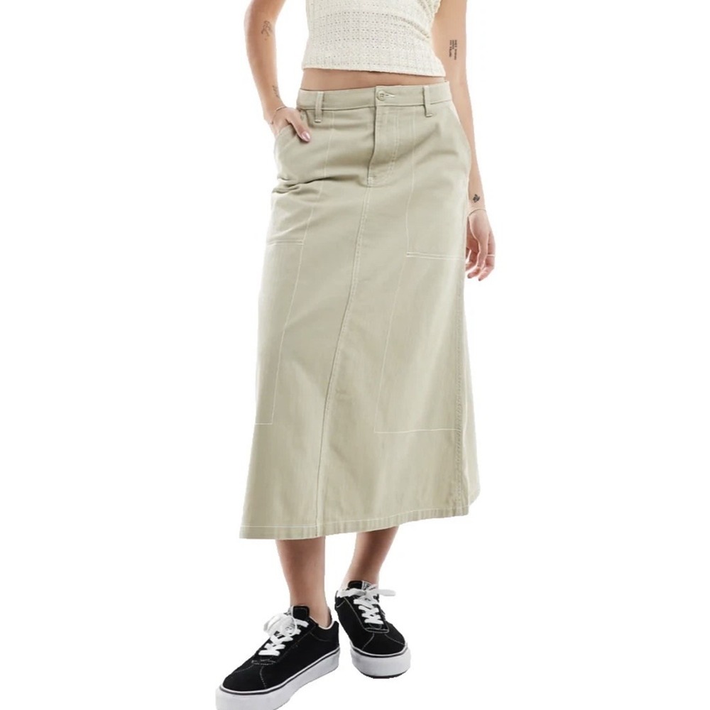 Vans Off The Wall Codey Long Flare Utility Cargo Skirt Size 27 Beige Khaki -NWT